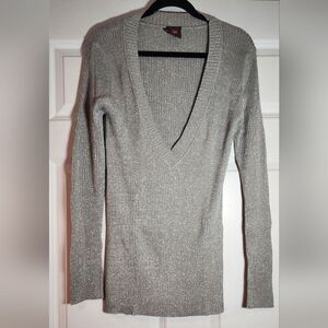 Babe & Co Silver Sparkle Low Cut V Neck Ribbed Sweater